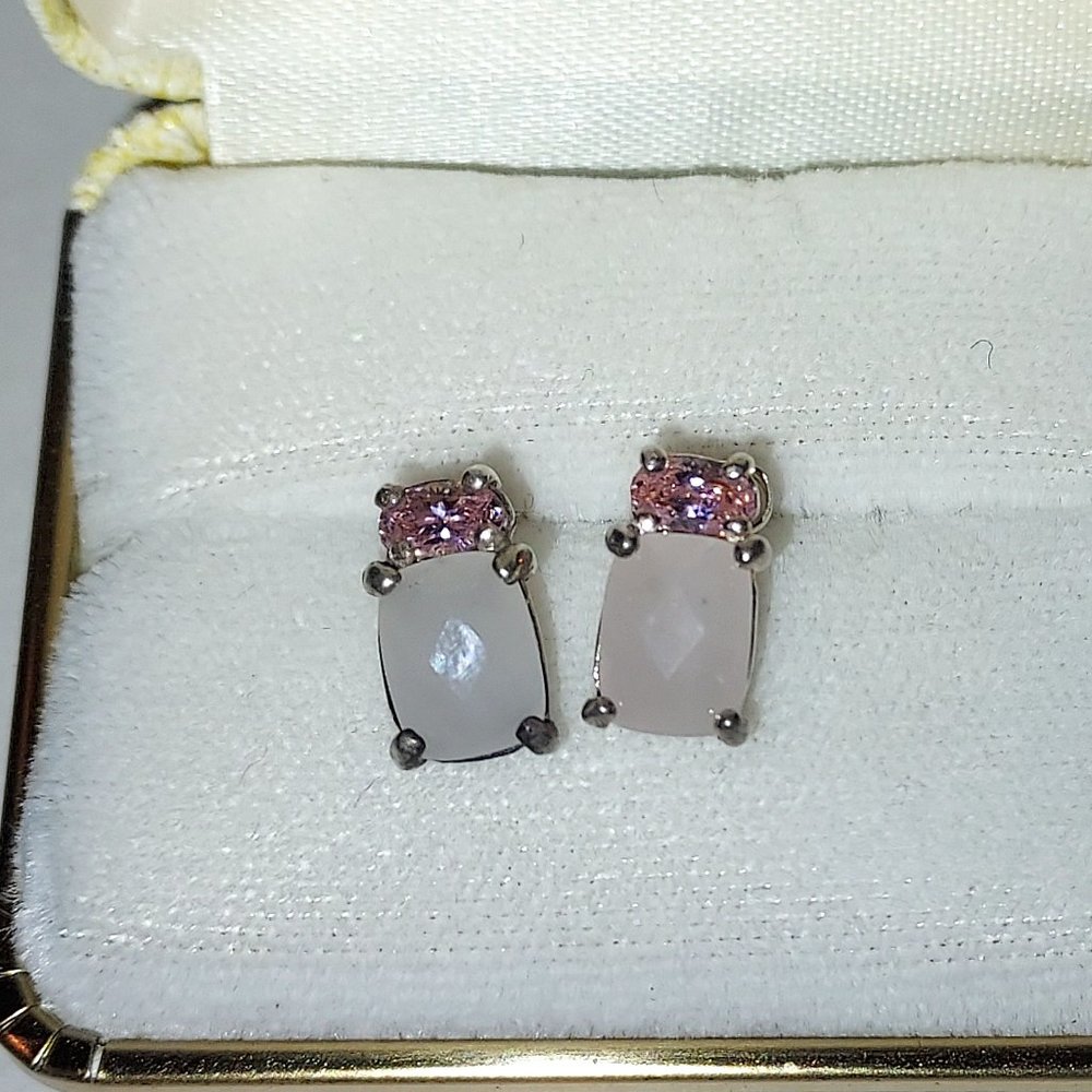 Sterling Silver .925 Rose Quartz Stud Earrings Pink Accents Studded